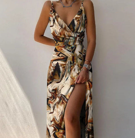 Robe à Bretelles avec Fente en V - Mode d'Été Sexy et Slim pour Femmes