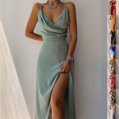 Robe à Bretelles avec Fente en V - Mode d'Été Sexy et Slim pour Femmes