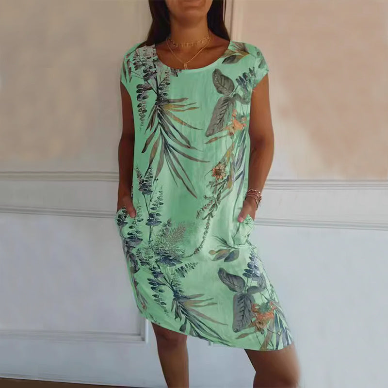 Robe Droite Imprimée Fleurs et Feuilles
