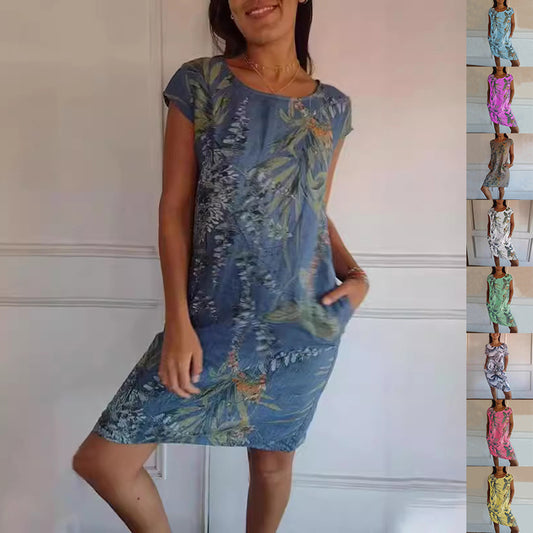 Robe Droite Imprimée Fleurs et Feuilles