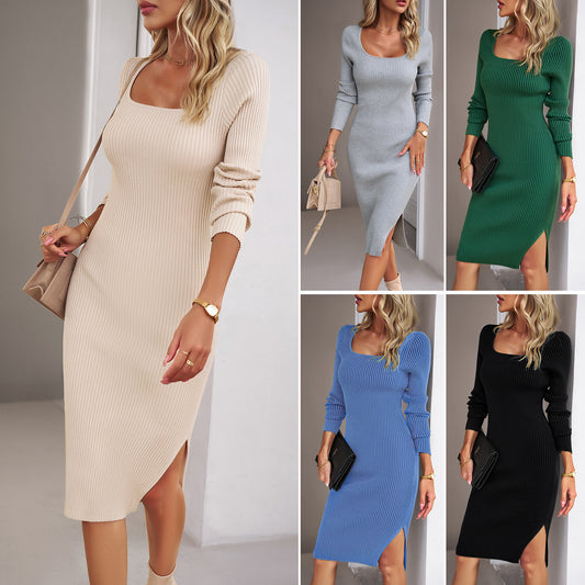 Robe en Laine à Col Carré pour Femme - Mode Élégante