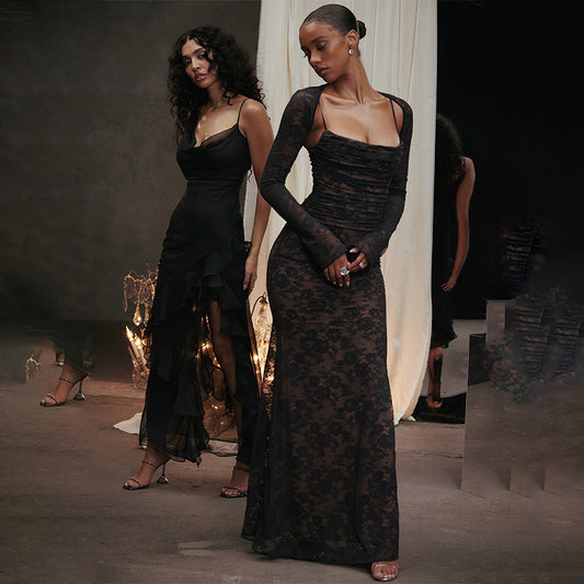 Robe en Dentelle Femme de Style Français avec Châle