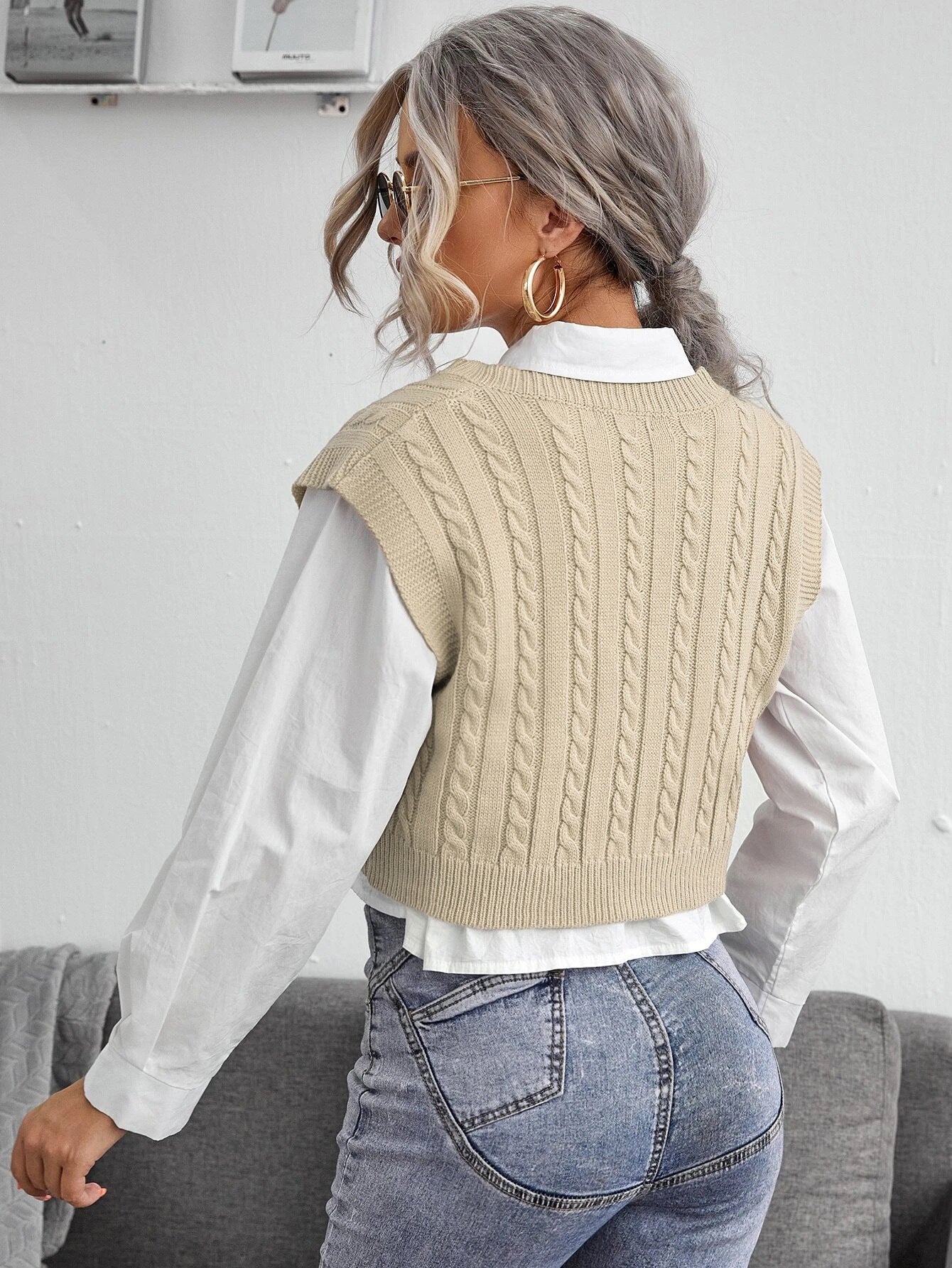 "Gilet Tricoté à Col V Sans Manches pour Femmes - Pull Gilet Torsadé."