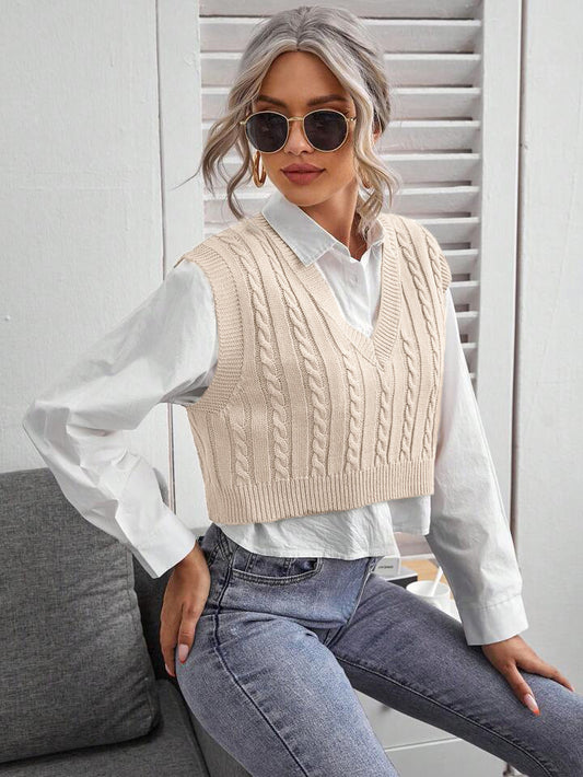 "Gilet Tricoté à Col V Sans Manches pour Femmes - Pull Gilet Torsadé."