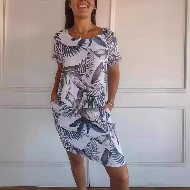 Robe Droite Imprimée Fleurs et Feuilles