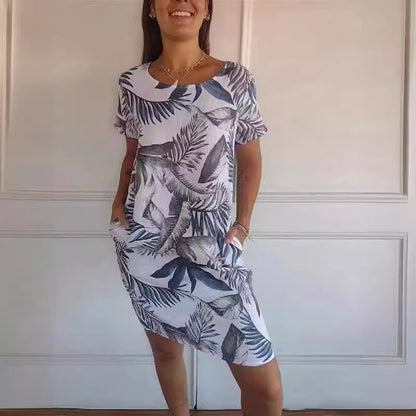 Robe Droite Imprimée Fleurs et Feuilles